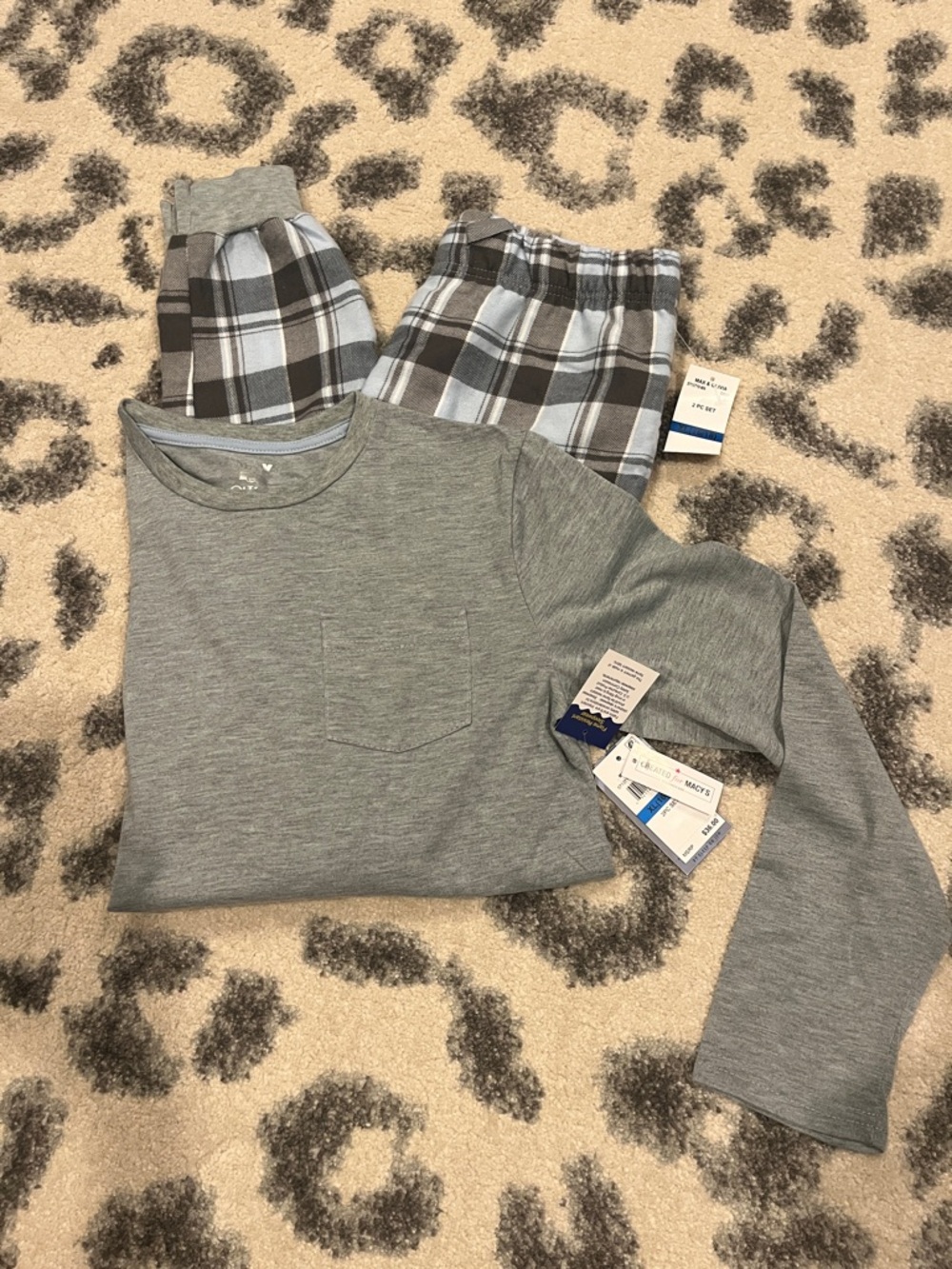 Kids Long Sleeve Gray Pocket Top with Gray Plaid Pajama Pants Set